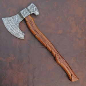 Handcrafted Damascus Steel Axe with Carved Wooden Handle